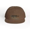 Brown cap with a fish logo and text.