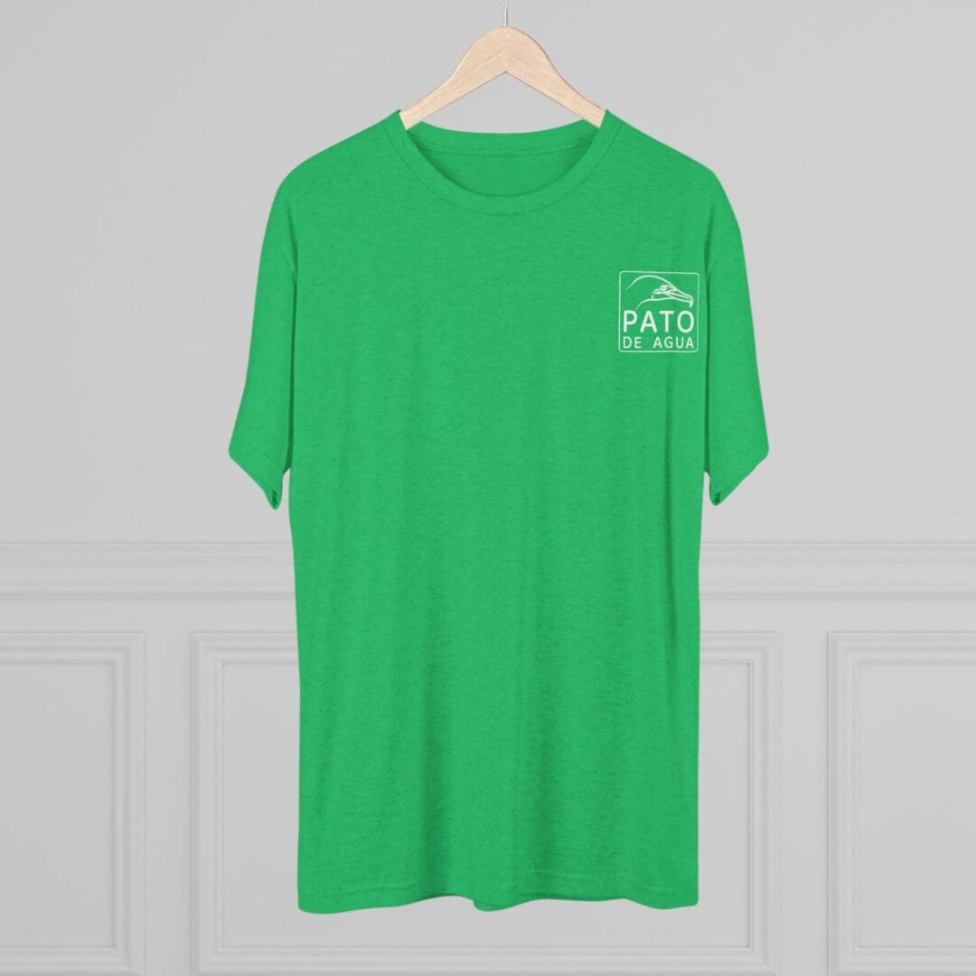 Green t-shirt with white text hanging on a wooden hanger.