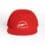 Red baseball cap with white logo and text.