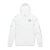 White hoodie with small text design on chest and a front pocket.