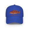 Blue baseball cap with an embroidered orange fish design.