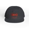 Black baseball cap with red embroidered design on front.