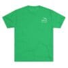 Green t-shirt with a small white logo on the upper left side.