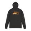 Black hooded sweatshirt with orange graphic and text on the back.