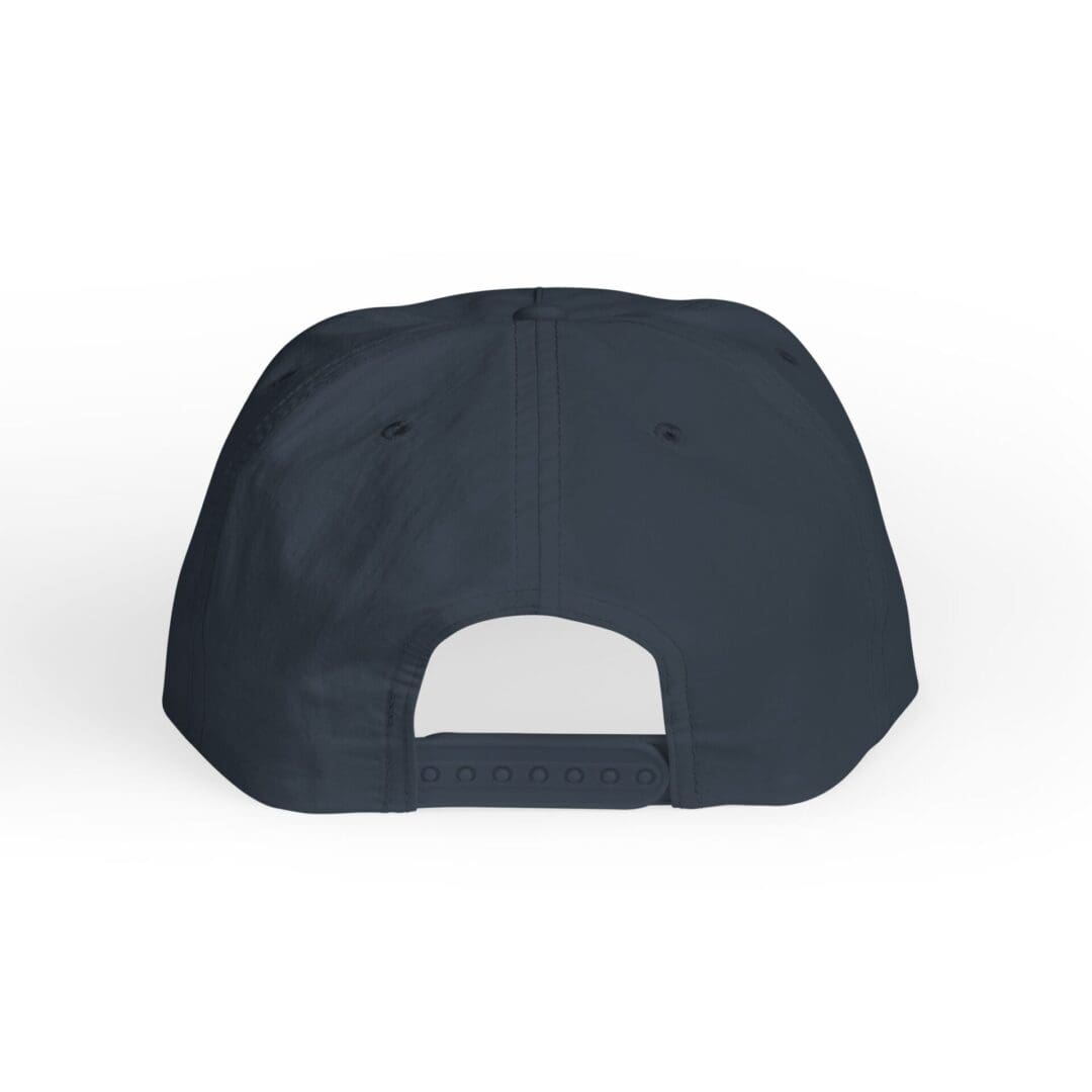 Back view of a black baseball cap with an adjustable strap.