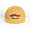 Yellow baseball cap with a fish design and 'Salmon Slayer' text.