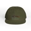 Olive green baseball cap with embroidered design and text.