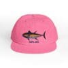 Pink baseball cap with a colorful fish embroidery.