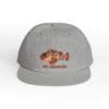 Gray cap with a colorful embroidered fish and text.