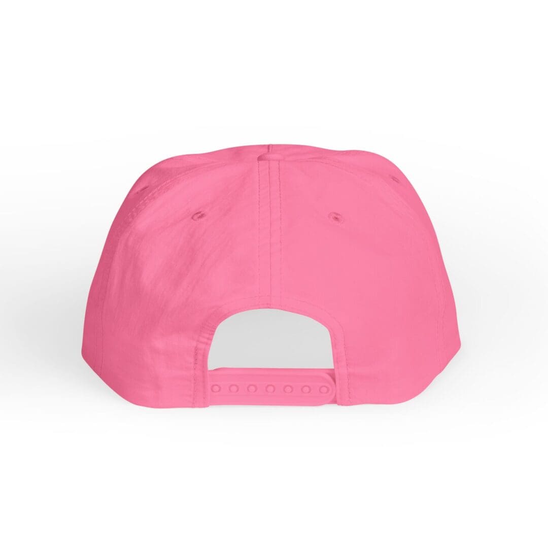 Back view of a plain pink baseball cap with an adjustable strap.