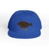 Blue cap with a brown fish design in the center.