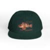 Dark green cap with orange graphic and text design.