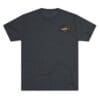Black T-shirt with a small gold logo on the chest pocket area.