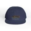 Navy blue baseball cap with embroidered mountain and text design.