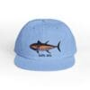 Light blue cap with a shark illustration and text.