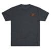 Black T-shirt with small orange logo on the chest.