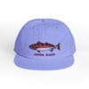 Light blue cap with a fish and text design.