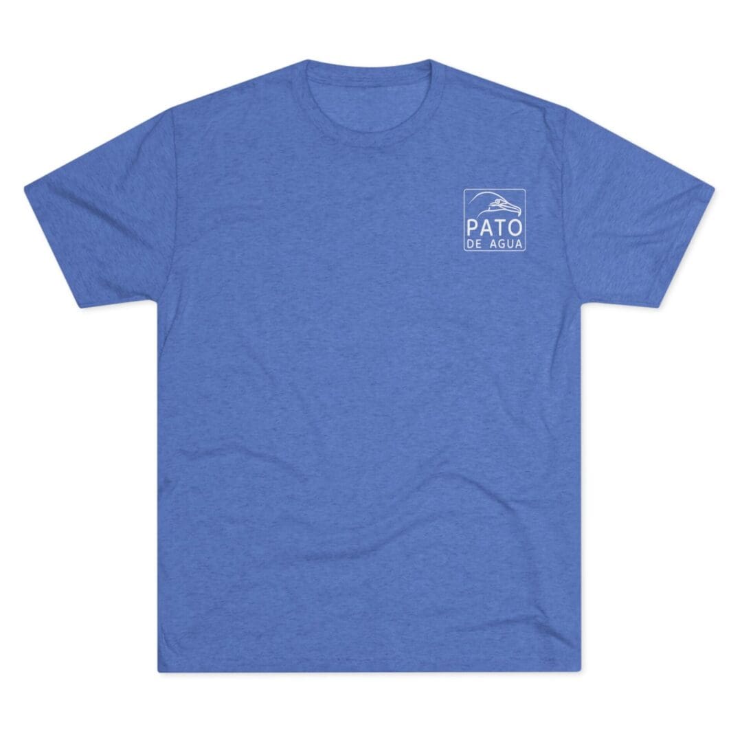 Blue t-shirt with a small white graphic on the chest.