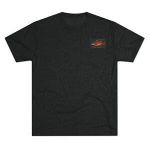Black T-shirt with a small orange graphic on the chest.