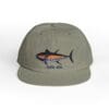 Gray cap with a colorful fish embroidery and text.