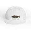 White baseball cap with a small fish design and text.