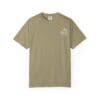 Olive green t-shirt with small white text on the left chest.
