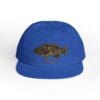 Blue cap with a fish design embroidered on the front.