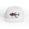 White cap with a colorful fish design and 'Palm Angels' text.