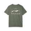 Olive green T-shirt with a white fish graphic and text.