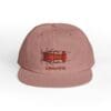 A dusty rose-colored cap with a red embroidered design and text.