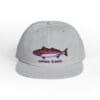 Light gray baseball cap with a colorful fish embroidery and text.