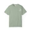 Simple sage green T-shirt with a small white logo on the chest.