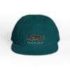 Teal baseball cap with embroidered fish and text design.