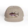 Beige cap with a colorful fish embroidered on front.