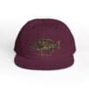 Maroon snapback hat with a fish embroidery design.