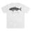 White t-shirt with a black shark graphic and text.