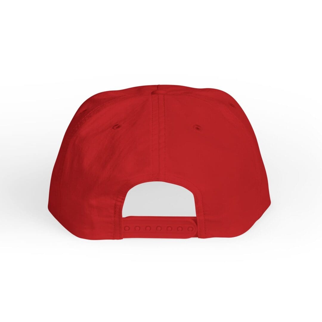 Back view of a plain red baseball cap with an adjustable strap.