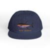 Navy blue baseball cap with a colorful fish embroidery and text.