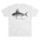 White t-shirt with a detailed black fish illustration and text below.