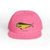 Pink cap with a colorful fish design on the front.