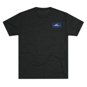 Black t-shirt with a small blue graphic on the chest.