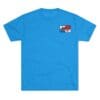 Bright blue t-shirt with small rectangular graphic on chest.