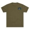 Olive green t-shirt with a small rectangular logo patch on the chest.