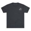 Black t-shirt with small white text and graphic on the chest.