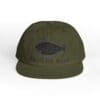 Olive green baseball cap with a black embroidered fish and text.