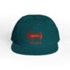 Teal baseball cap with red embroidered logo.
