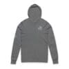 Gray hooded sweatshirt with a small logo on the chest.