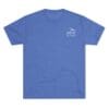 Blue T-shirt with a small white logo on the chest.