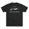 Black t-shirt with white text and mountain graphic.