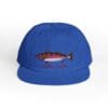 Blue baseball cap with a fish design on the front.